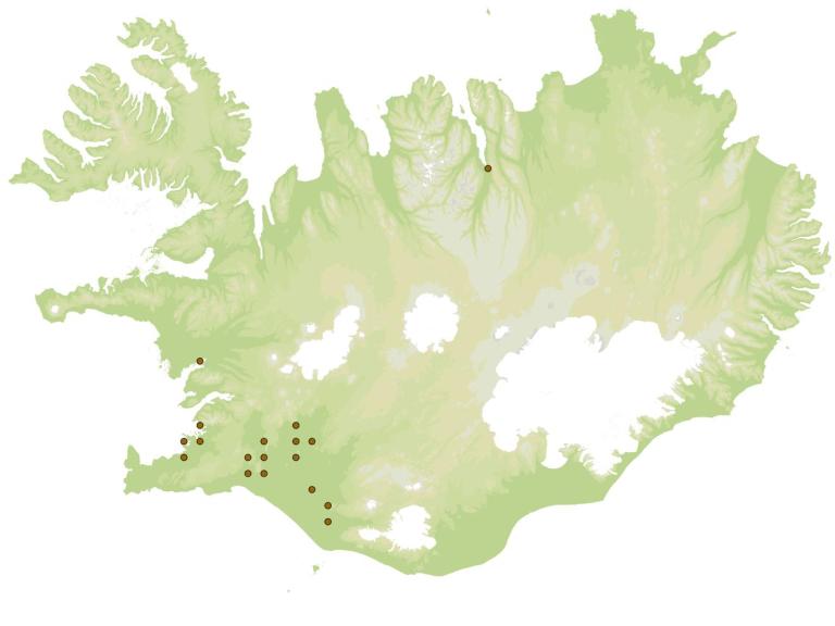 Birkikemba (Heringocrania unimaculella) - fundarstaðir samkvæmt eintökum í safni Náttúrufræðistofnunar Íslands